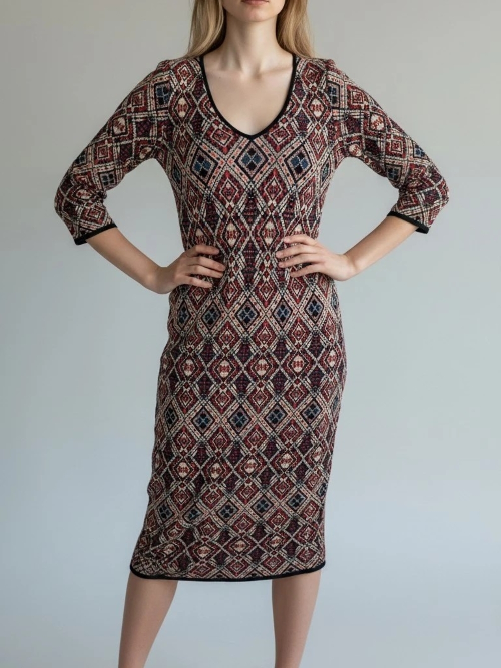 Geometric V-Neck Midi Dress in Red and Cream